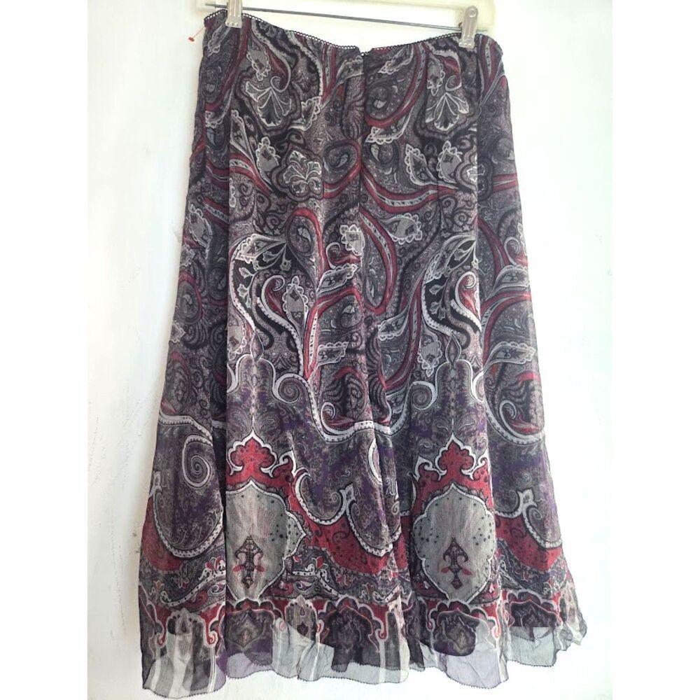 Coldwater Creek Black Grey Red Tapestry A-Line 100% Silk Y2K Skirt size 10